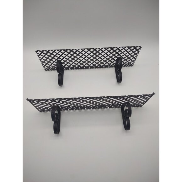 Vintage 1970s Pair of Black 14" Long Metal Clover Lattice Cutout Shelves - Picture 2 of 16